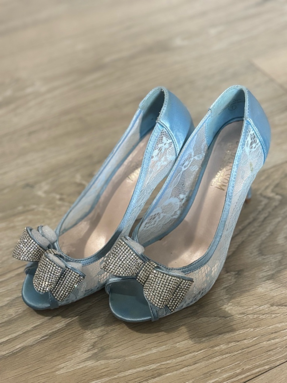 Women's Light Blue Satin & Lace Peep-Toe Heels with Dimond Bows